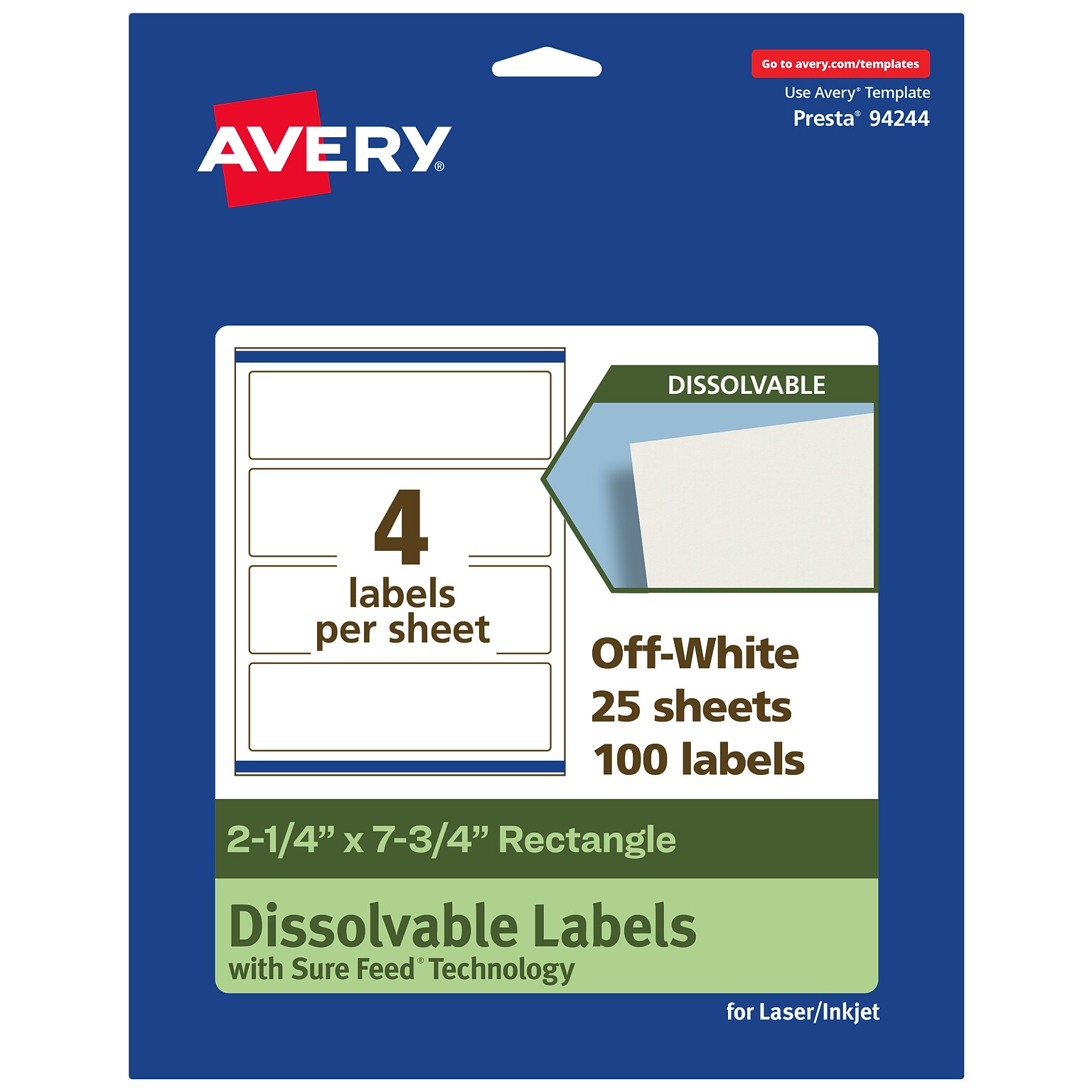 Avery Dissolvable Rectangle Multipurpose Labels, 2.25 x 7.75, Off-white, 100/Pack (94244)