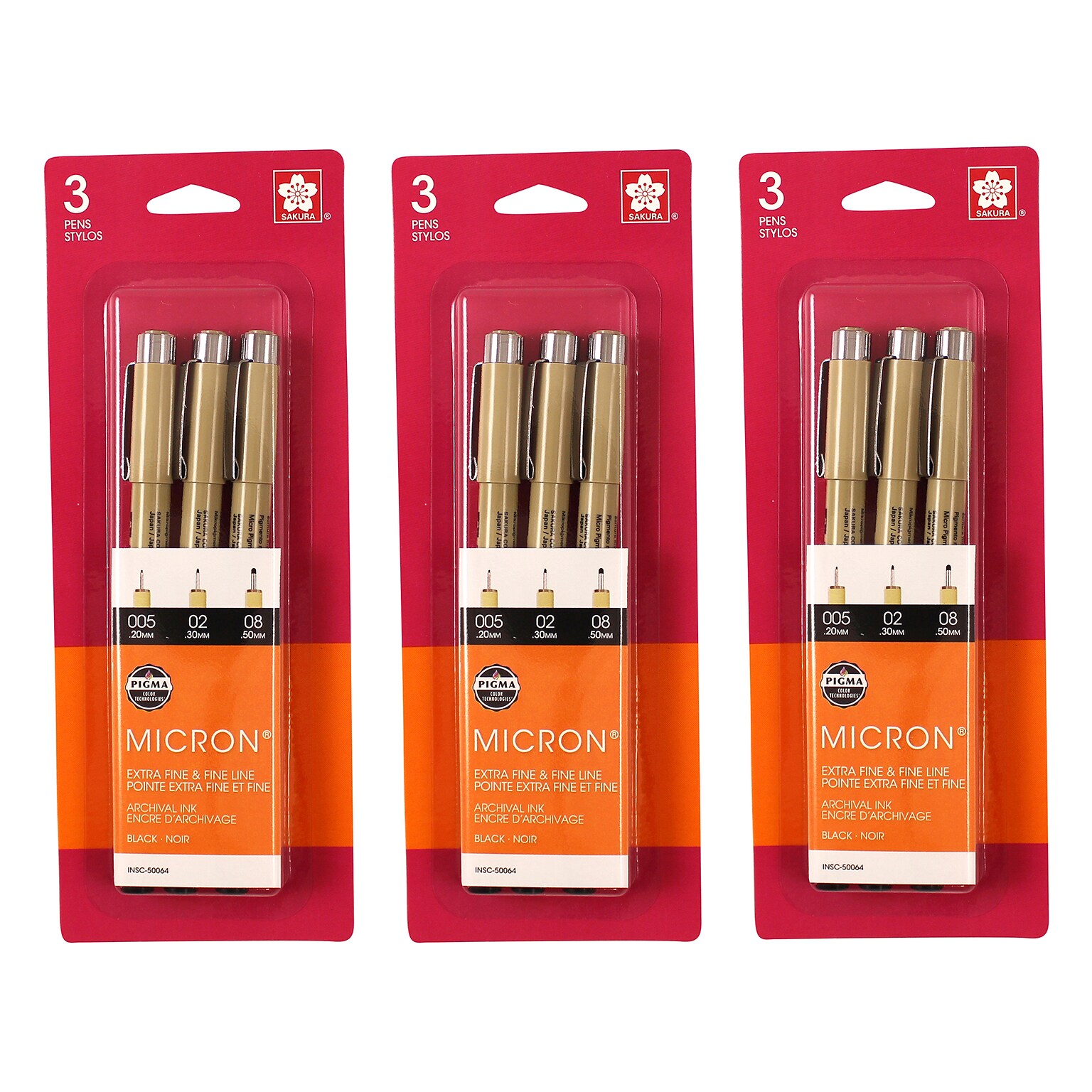 Sakura Pigma Micron Pen, Fineliner, Black Ink, 3/Bundle (SAK50064-3)