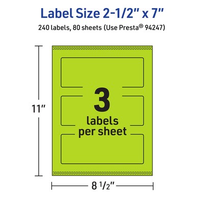 Avery Printable Rectangle Multipurpose Labels, 2.5" x 7", Bright Green, 240/Box (94247)