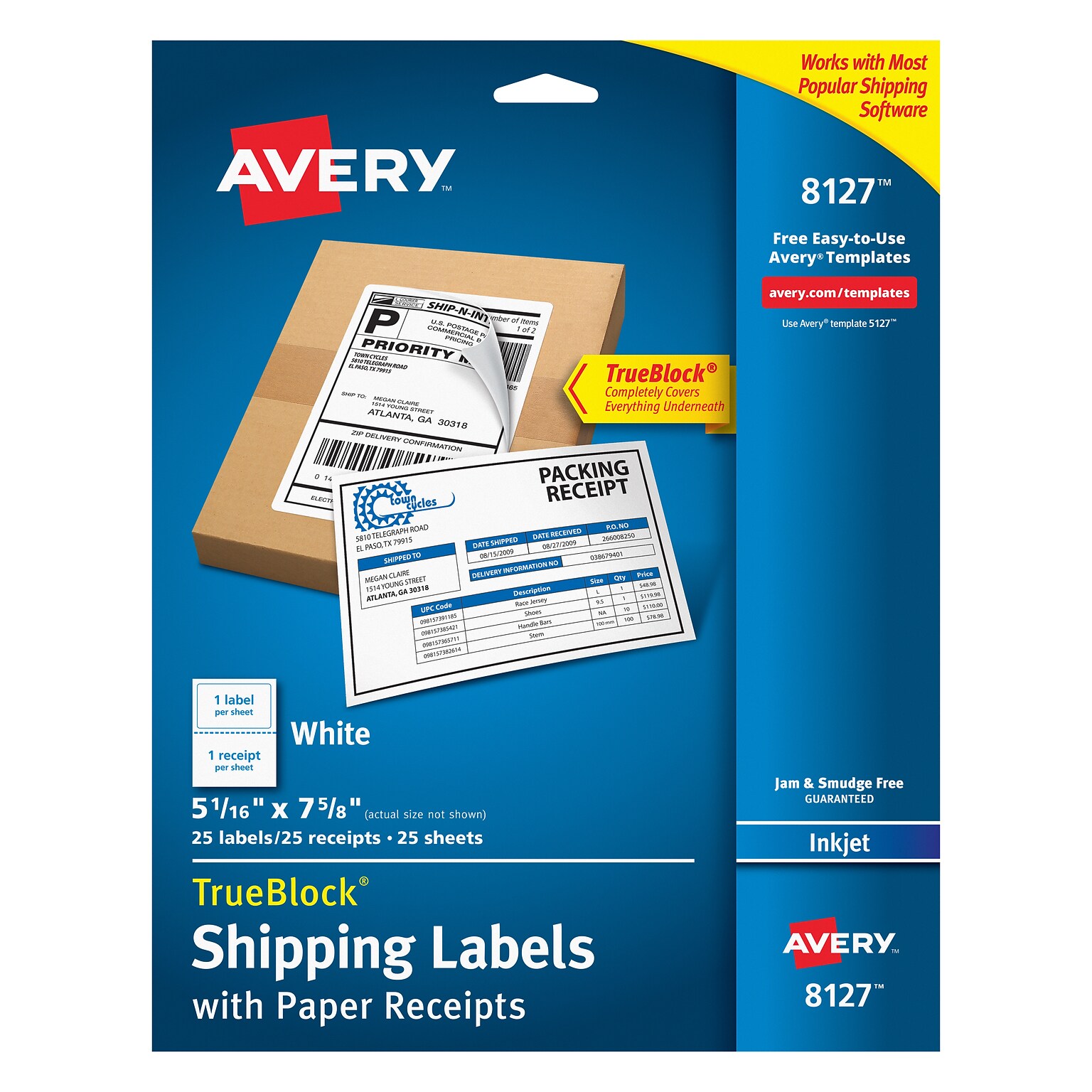 Avery TrueBlock Inkjet Shipping Labels with Paper Receipts, 5-1/16 x 7-5/8, White, 25 Labels/Pack (8127)