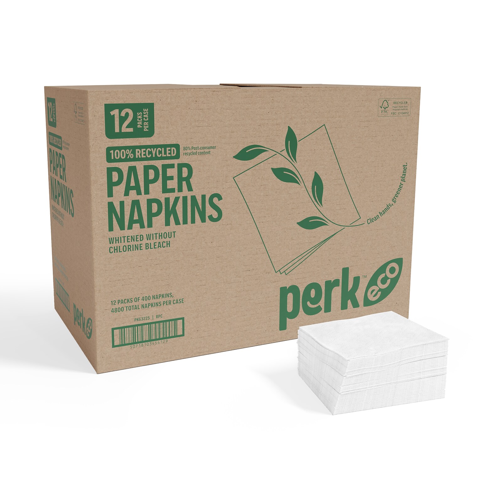 Perk™ Eco Recycled Lunch Napkin, 1-ply, White, 400 Napkins/Pack, 12 Packs/Carton (CW20179-CT)
