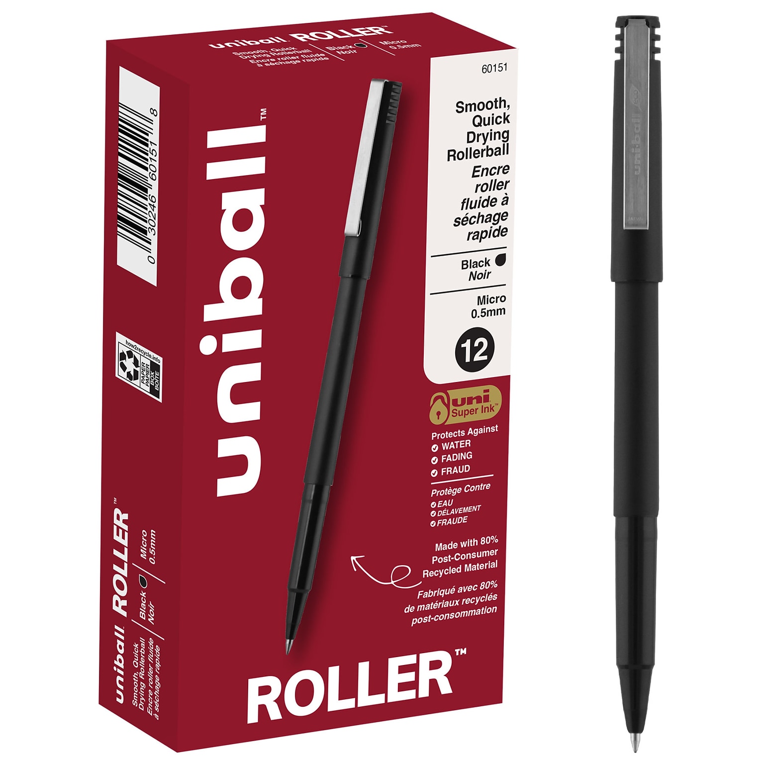 uni-ball Rollerball Pens, Micro Point, Black Ink, Dozen (60151)