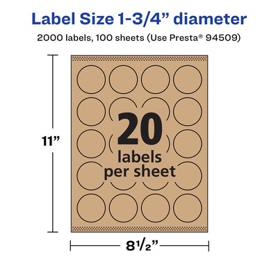 Avery Laser/Inkjet Multipurpose Circle Labels, 1.75" Dia, Kraft Brown, 2000/Box (94509)