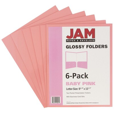 JAM Paper® Laminated Two-Pocket Glossy Presentation Folders, Baby Pink, 6/Pack (31225348U)