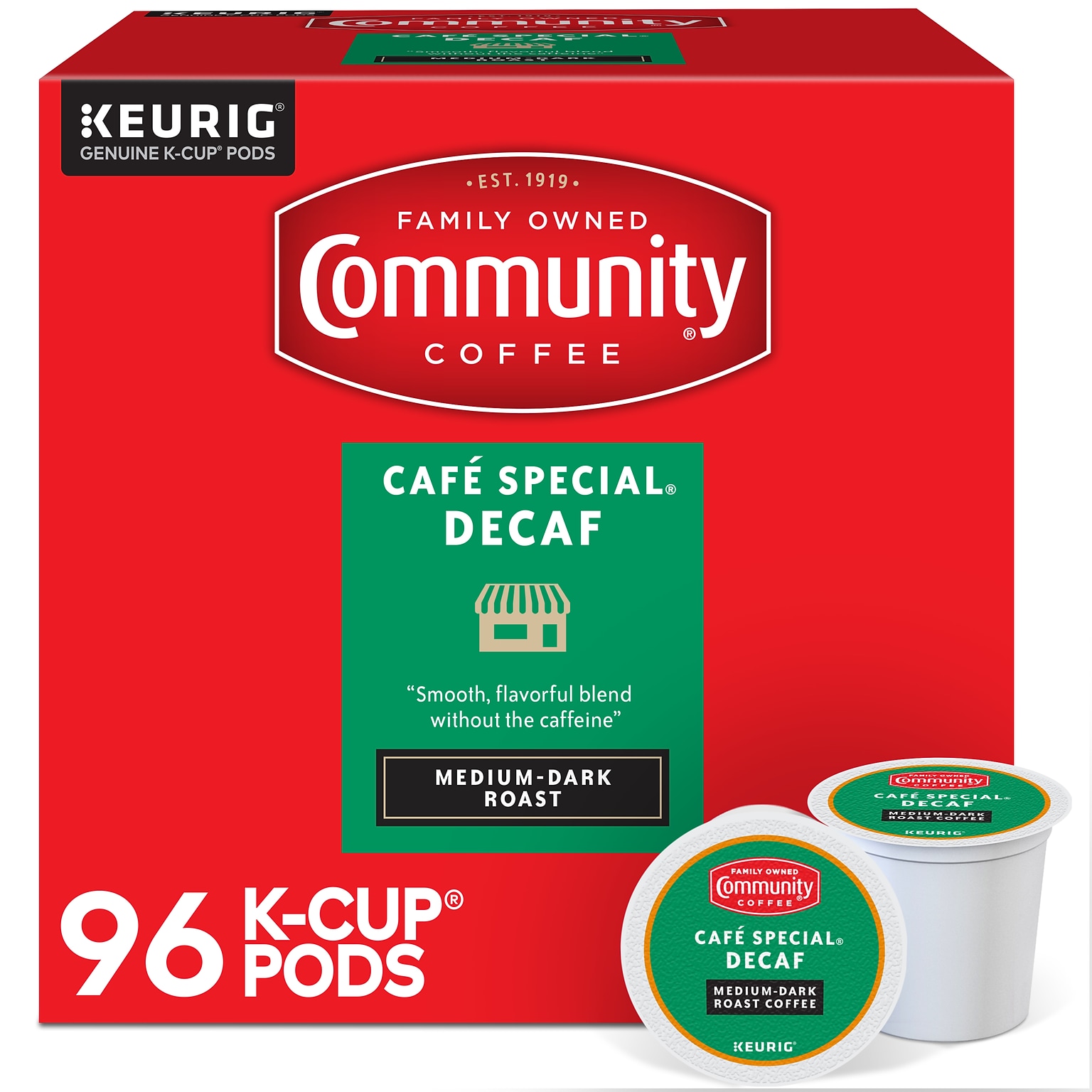 Community Coffee Cafe Special Decaf Coffee, Keurig K-Cup Pod, Medium-Dark Roast, 96/Carton (5000374327CT)