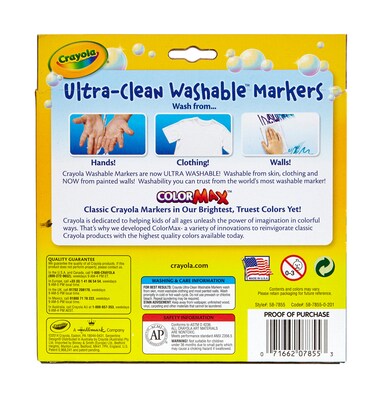 Crayola Ultra-Clean Washable Markers, Broad Tip, Assorted Colors, 10/Pack (58-7855)