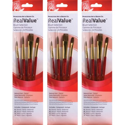 Princeton RealValue Mixed Media Natural Camel Variety Brush Set, Red, 4/Set, 3 Sets/Bundle (PBXPR912