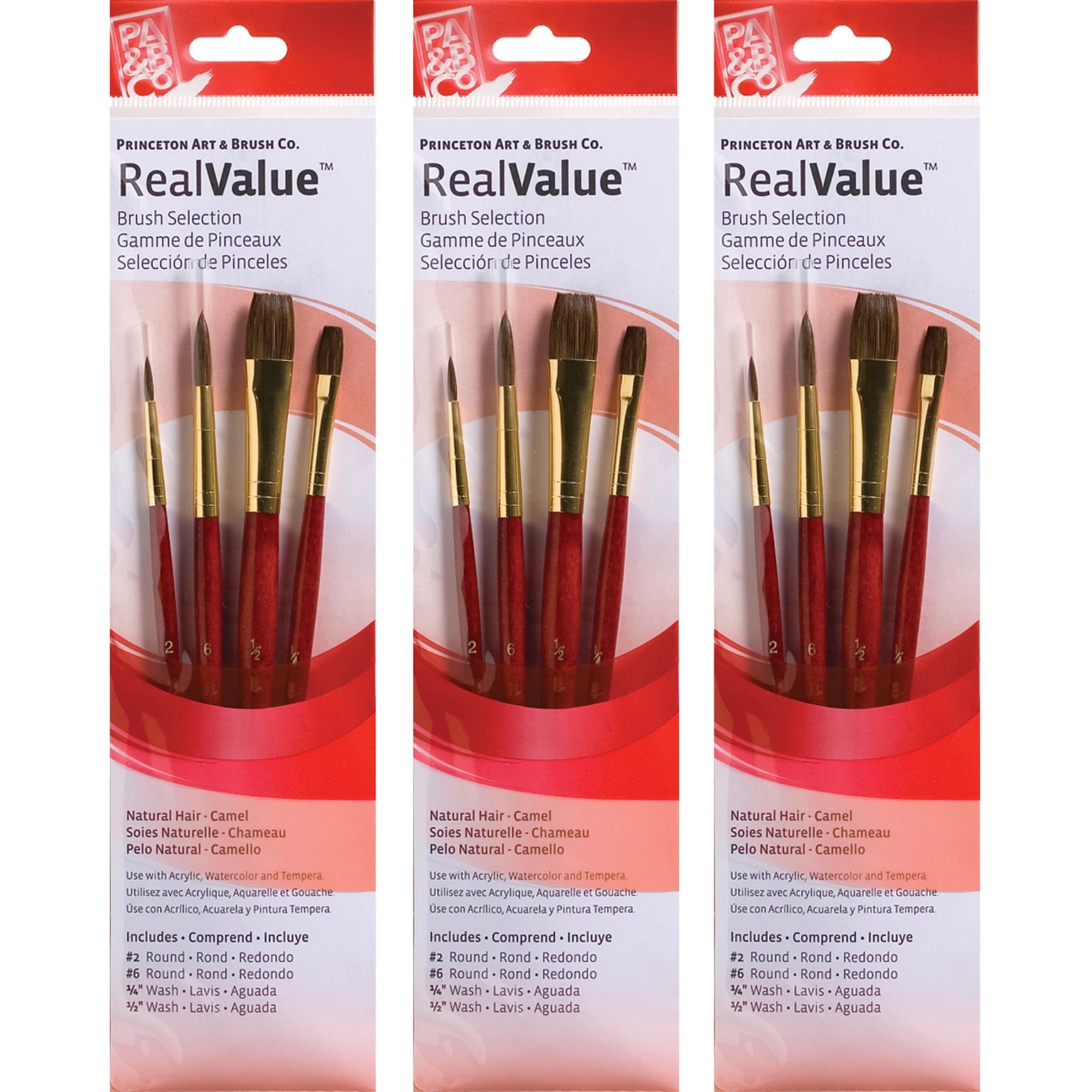 Princeton RealValue Mixed Media Natural Camel Variety Brush Set, Red, 4/Set, 3 Sets/Bundle (PBXPR9121-3)