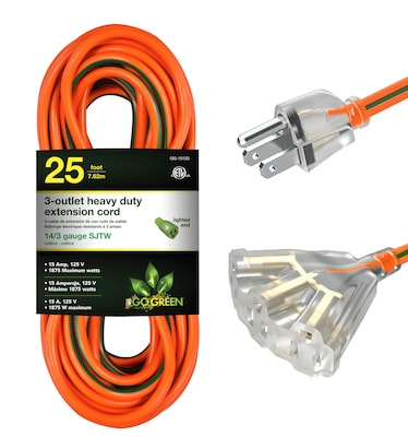GoGreen Power 25 Indoor/Outdoor Extension Cord, 3-Outlet, 14 AWG, Orange (GG-15125)