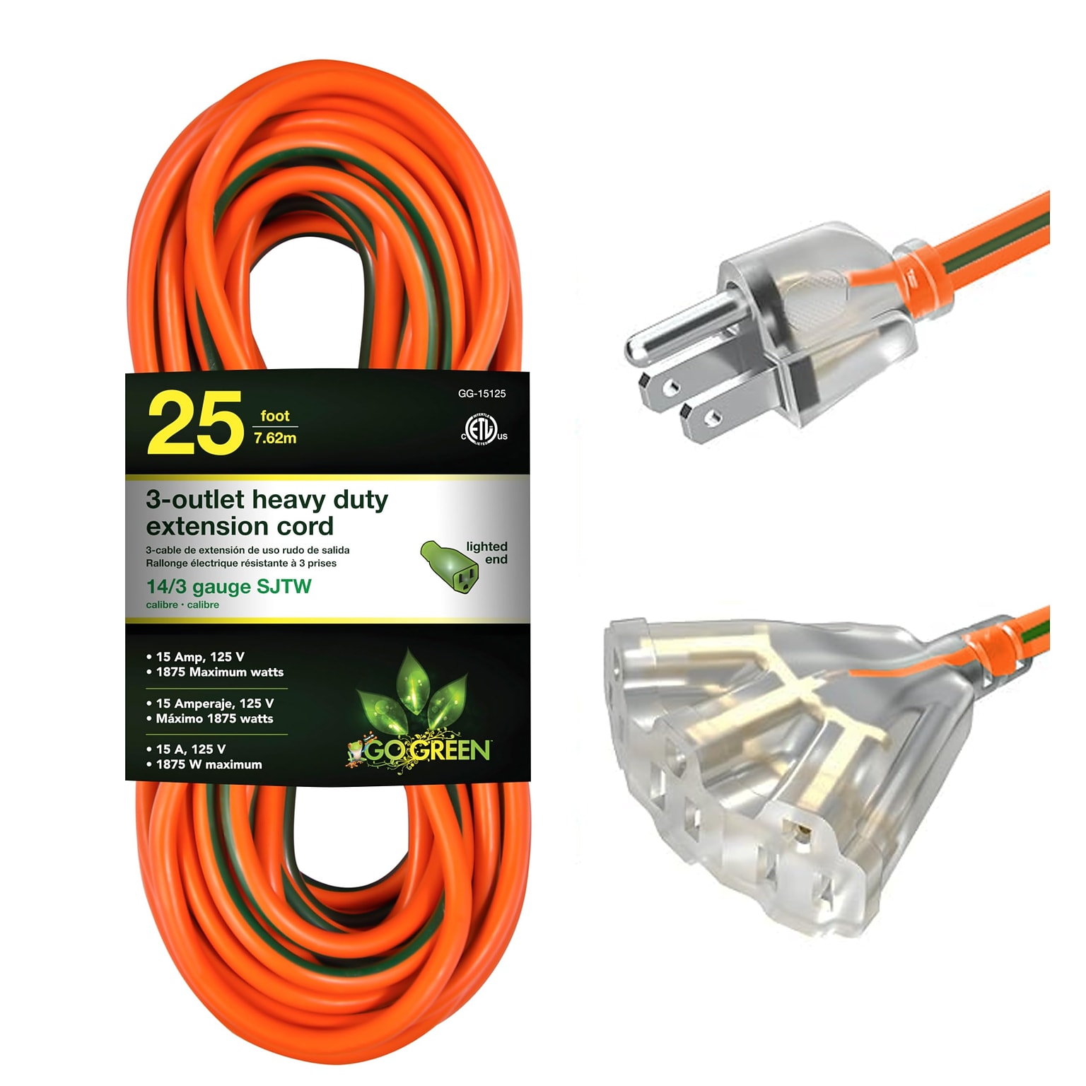 GoGreen Power 25 Indoor/Outdoor Extension Cord, 3-Outlet, 14 AWG, Orange (GG-15125)
