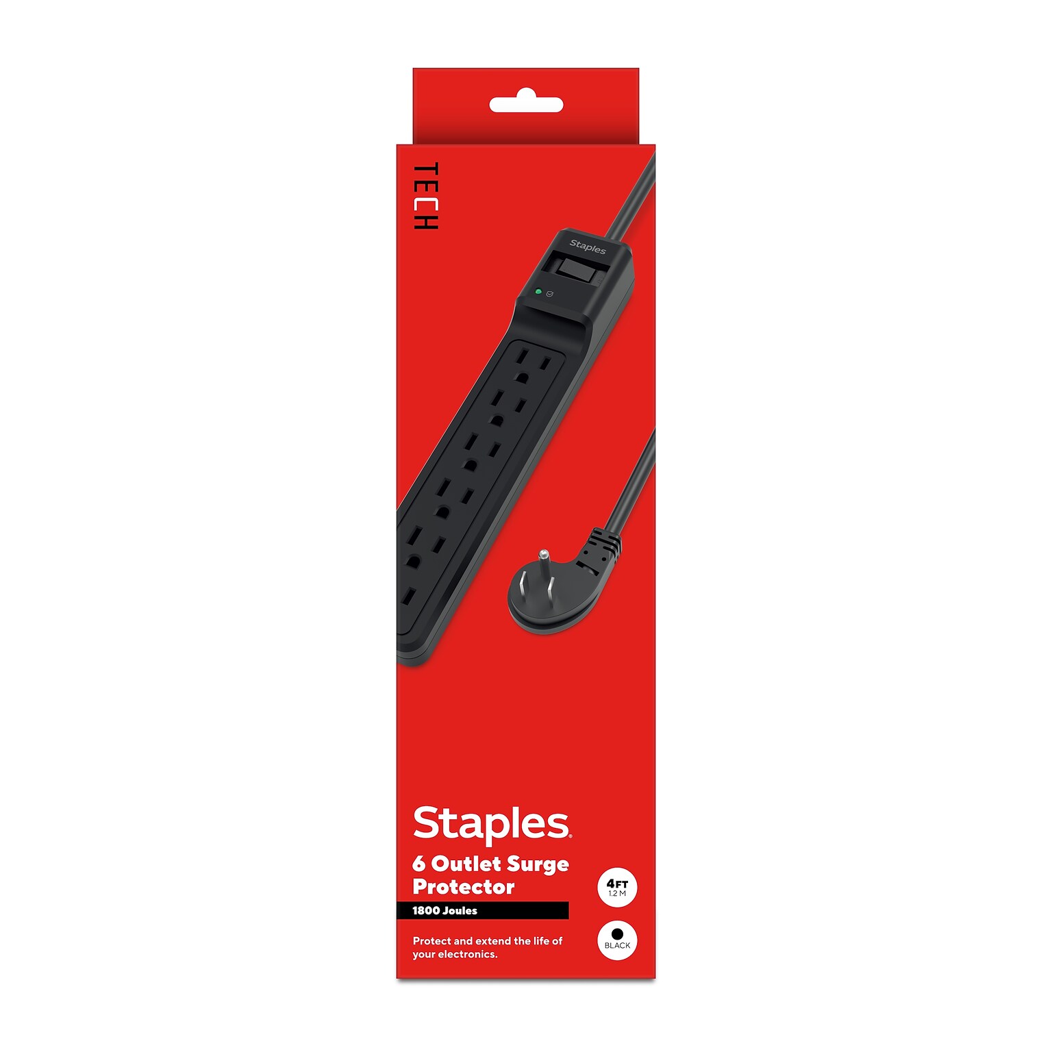 Staples TECH 6-Outlet Surge Protector, 4, 1800 Joules, Black (ST62766)