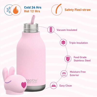 ASOBU Bestie Bottle Bunny Vacuum Insulated Stainless Steel Water Bottle with Reusable Flexi Straw, 1