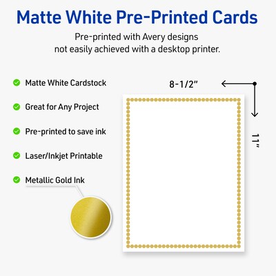 Avery Pre-Printed Gold Beads Design Matte Blank Card, White, 10/Pack (S00-DPF)