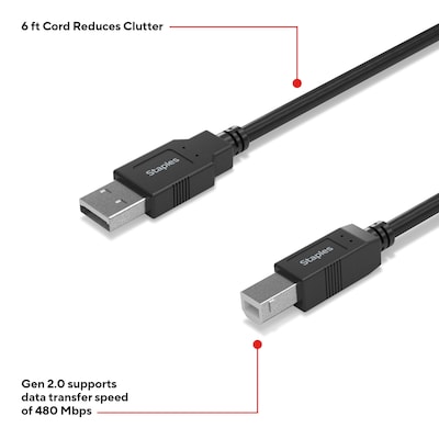 Staples TECH 6 ft. USB-A to USB-B 2.0 Cable, Male to Male, Black (ST62438)