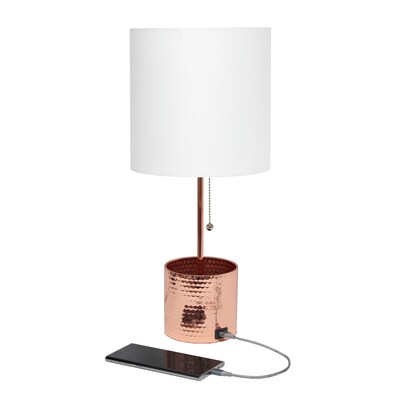Simple Designs Hammered Metal Organizer Table Lamp with USB charging port and Fabric Shade, Rose Gold (LT1085-RGD)