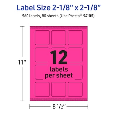 Avery Square Laser/Inkjet Multipurpose Labels, 2-1/8" x 2-1/8", Neon Magenta (960/Box)