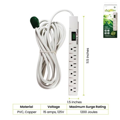 GoGreen Power 15 Surge Protector, 6 Outlets, White (GG-16315-15)