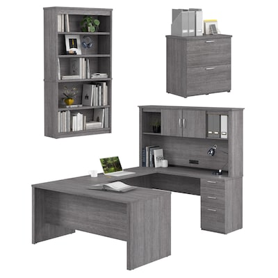 Bestar Logan 66W U or L Shaped Desk with Hutch, File Cabinet, and Bookcase, Bark Grey (46851-47)