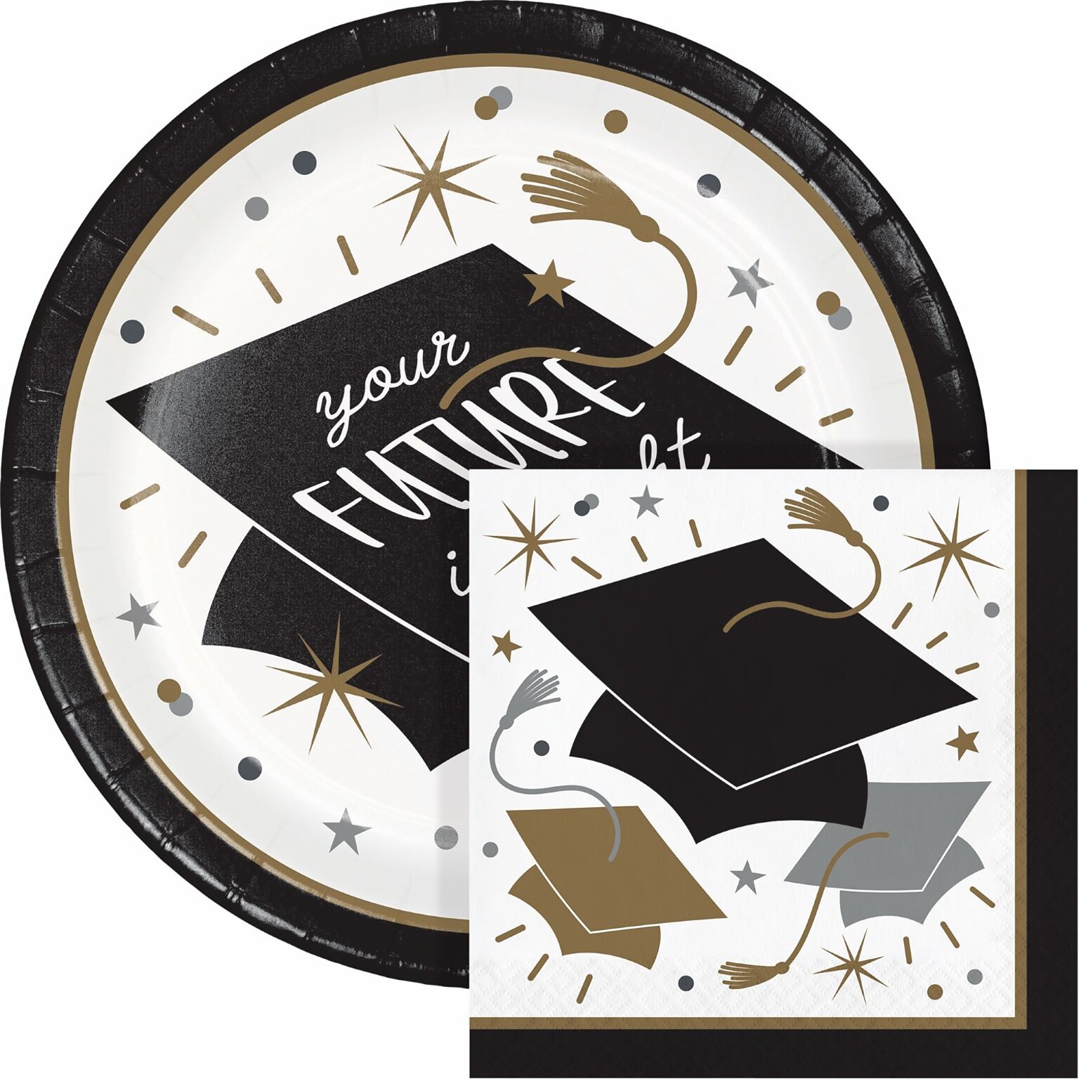 Creative Converting Glowing Grad Paper Plates and Napkins Kit, Serves 16 (DTC9208E2G)