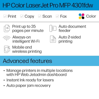 HP Color LaserJet Pro MFP 4301fdw Wireless All-in-One Printer, Scan, Copy, Fax, Mobile Print, Best for Small Teams (4RA82F)