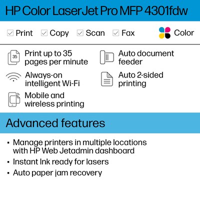 HP Color LaserJet Pro MFP 4301fdw Wireless All-in-One Printer, Scan, Copy, Fax, Mobile Print, Best for Small Teams (4RA82F)