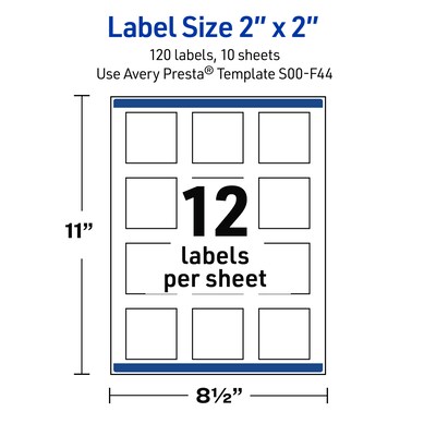 Avery Laser/Inkjet Square Multipurpose Labels, 2" x 2", White, 120/Pack (S00F44)