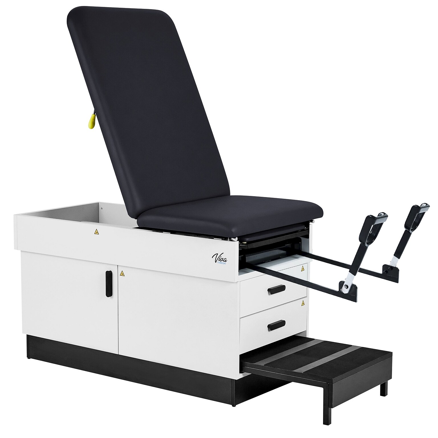 Viva Comfort Slimline Exam Table Base with Leg Rest, Step Stool, Drawers, Stirrups, 420 lb Capacity, Black (ADI996-FBSU-M2-BLK)
