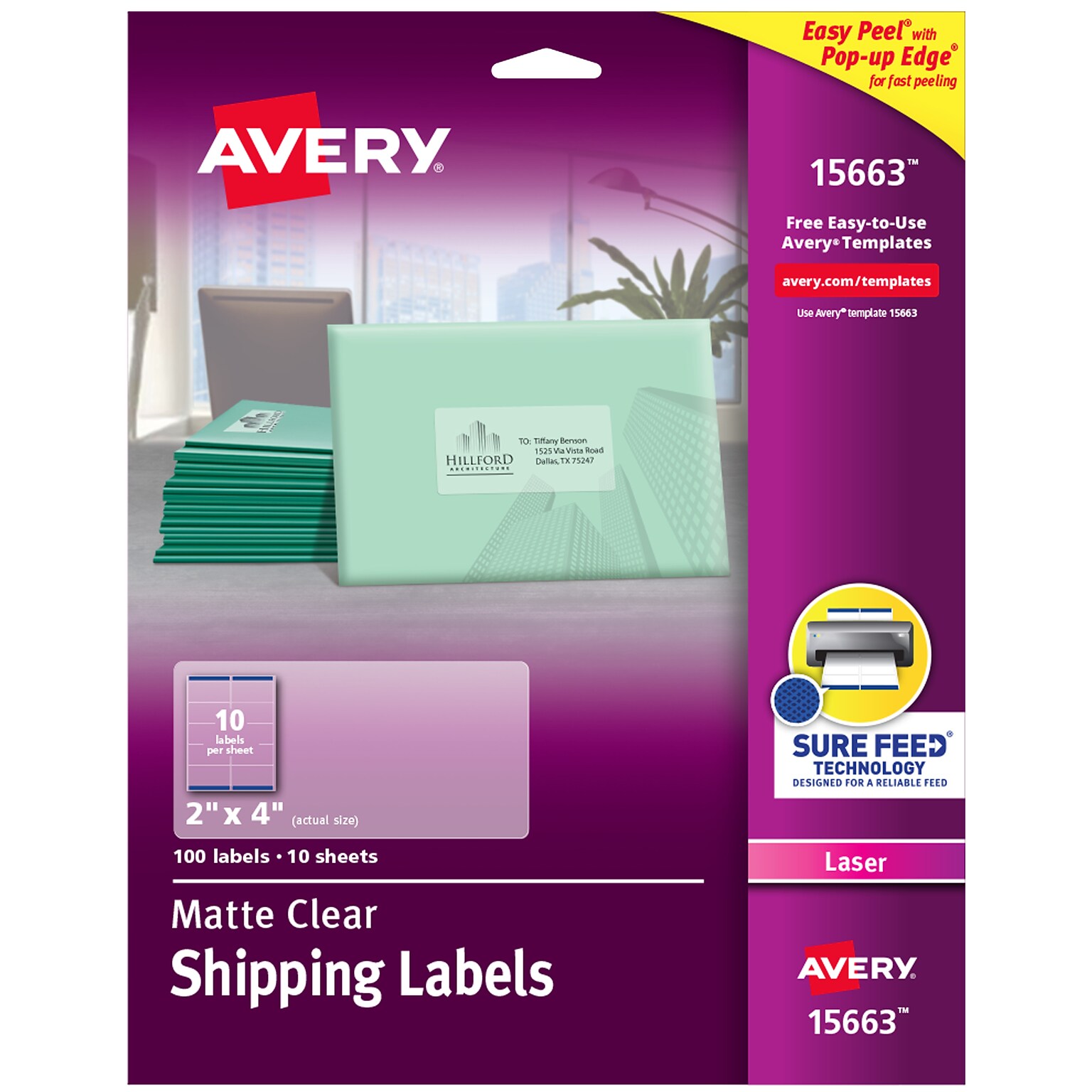 Avery Easy Peel Laser Shipping Labels, 2 x 4, Clear, 100 Labels/Pack (15663)