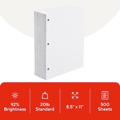 Staples 8.5 x 11 3-Hole Punched Copy Paper, 20 lbs., 92 Brightness, 500/Ream (221192)