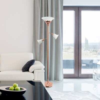 Lalia Home Torchiere Floor Lamp with 2 Reading Lights and Scalloped Glass Shades, Rose Gold (LHF-3002-RG)