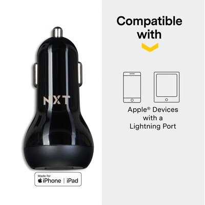 NXT Technologies™ USB-C/USB-A Car Charger with Lightning Cable for iPhone/iPad, Black (NX60453)