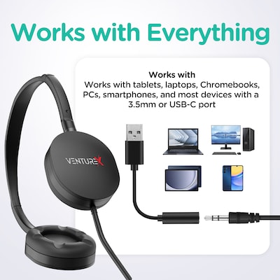 VentureX K22 Stereo Kids Learning Phone & Computer Headphone, 3.5mm & USB-A Adapter, Black (VHPK22BD2)