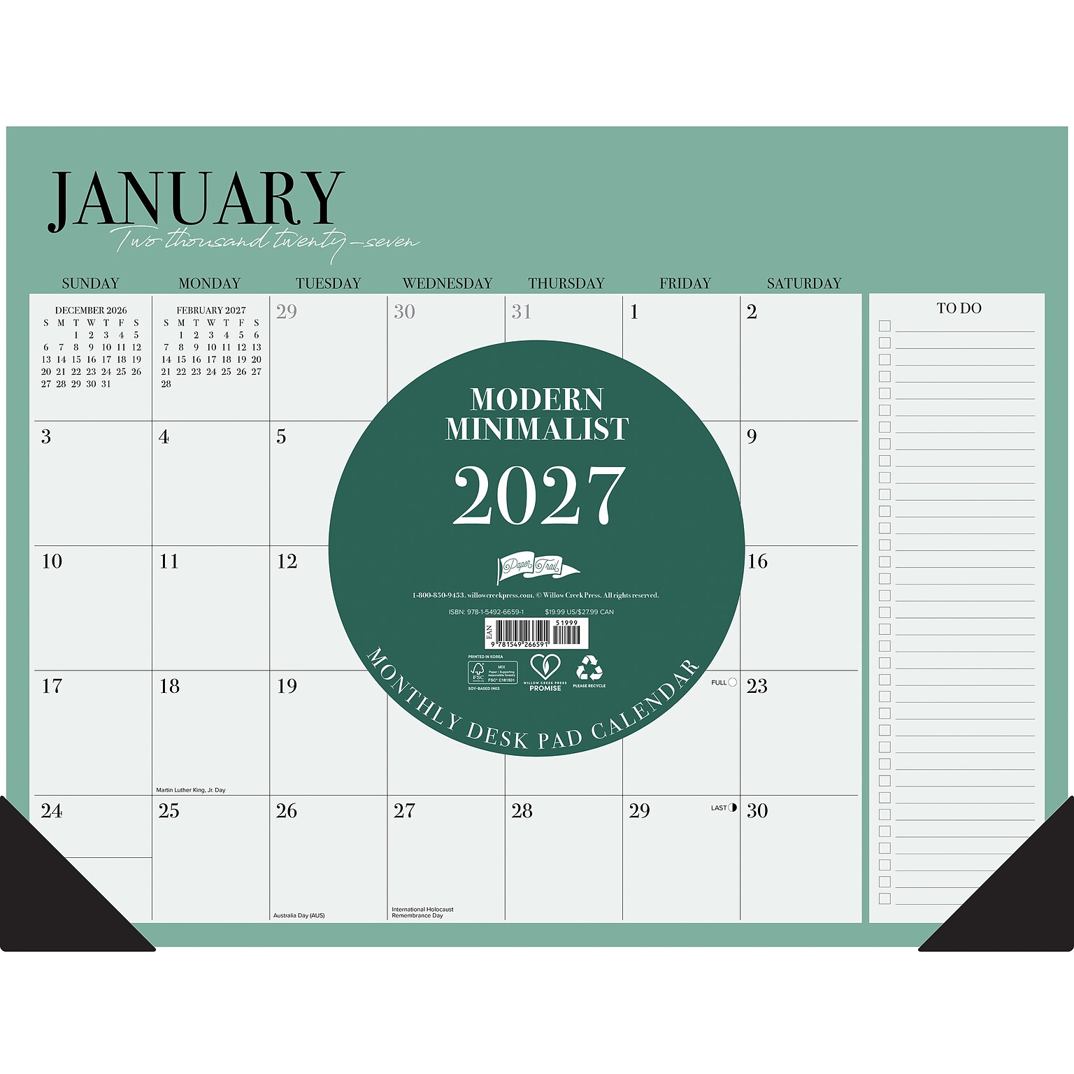 2027 Willow Creek Modern Minimalist 22 x 17 Monthly Desk Pad Calendar, Assorted Colors (66591)