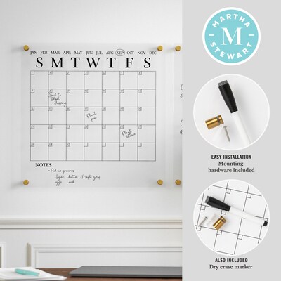 Martha Stewart Grayson Acrylic Black Print Dry Erase Wall Calendar with Notes, 18" x 18" (BRACS284545B2CB)