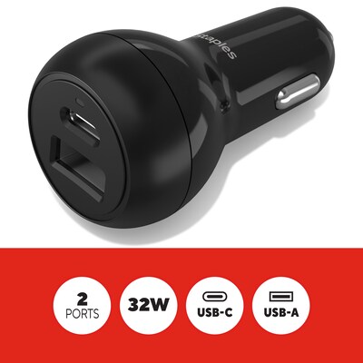Staples TECH USB-A/USB-C Car Charger, 32W, Black (ST62340)