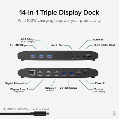 Plugable 14-in-1 Triple Monitor USB-C Docking Station, 100W, Black (UD-3900PDH)