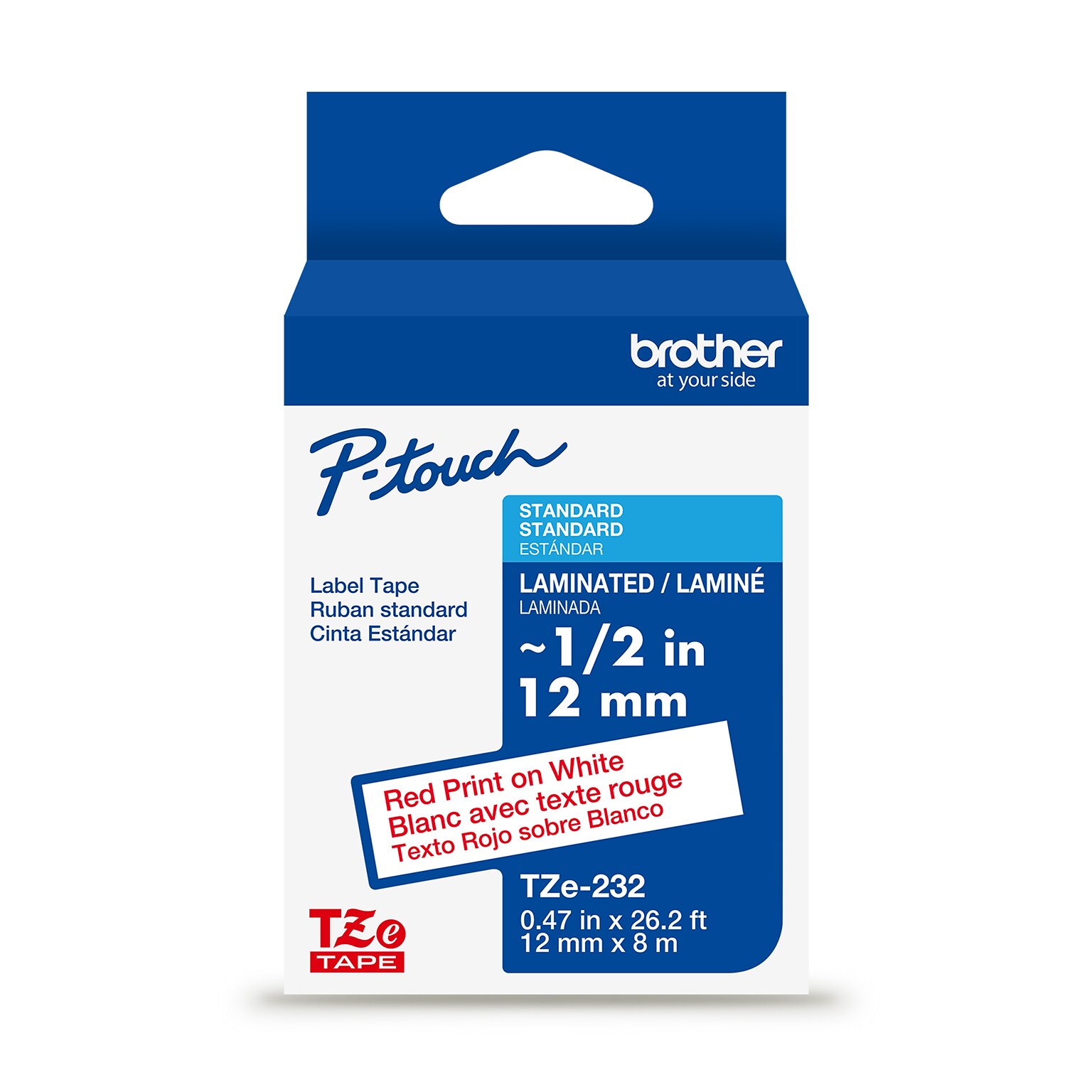 Brother P-touch Laminated Label Tape, ~1/2 x 26.2, Red on White (TZe232)