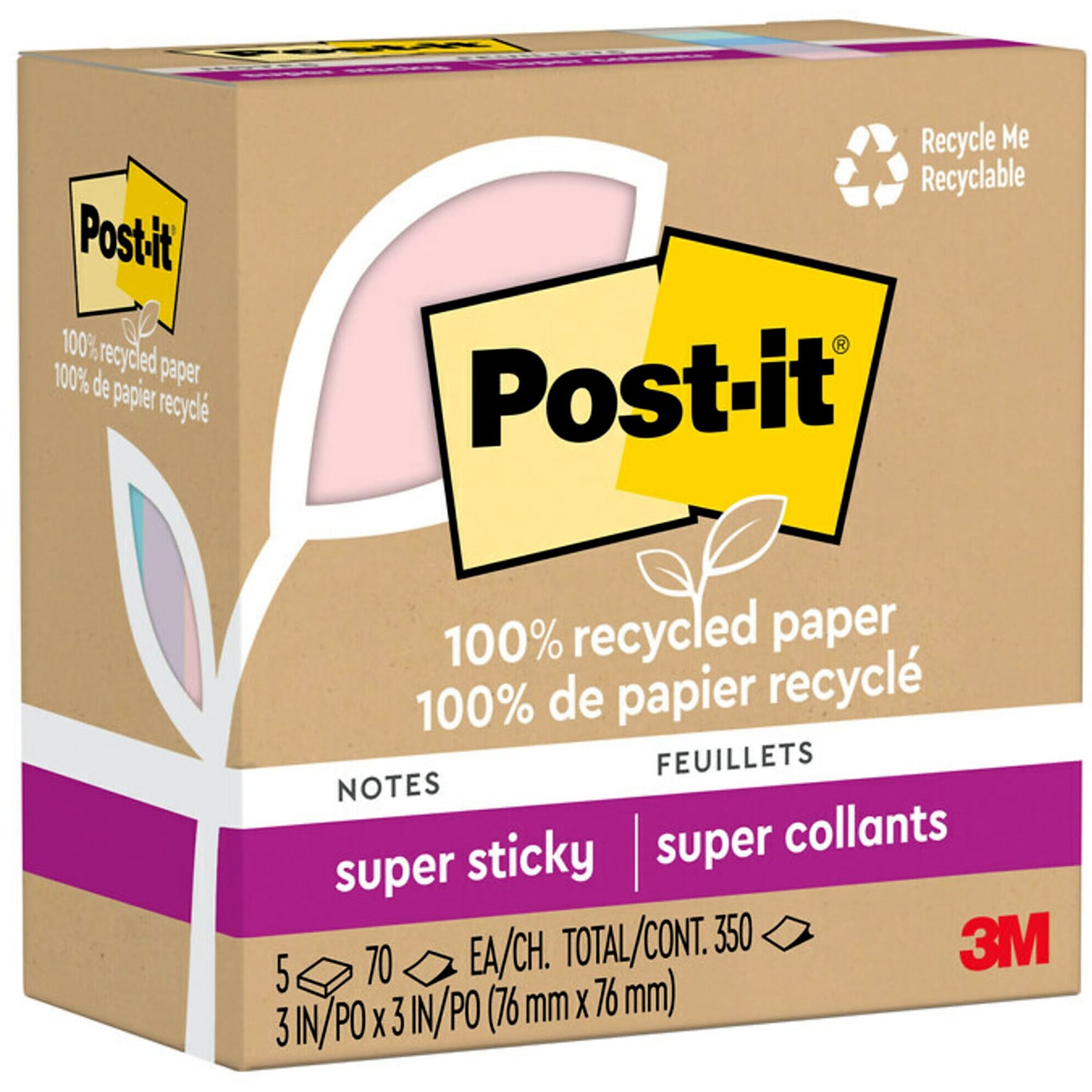 Post-it Recycled Super Sticky Notes, 3 x 3, Wanderlust Pastels Collection, 70 Sheet/Pad, 5 Pads/Pack (654R-5SSNRP)