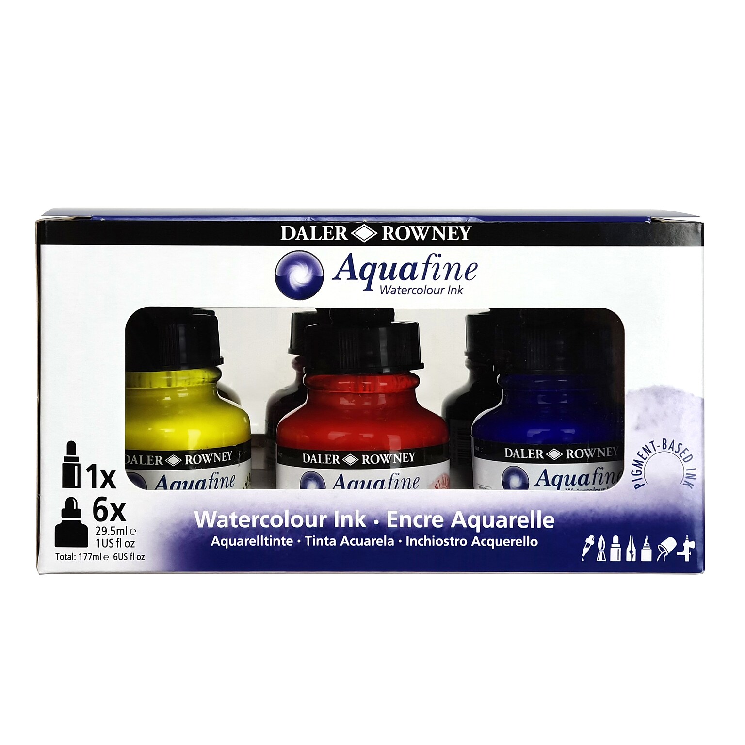 Daler-Rowney Aquafine Watercolor Ink, Assorted Colors, 29.5ml, 7/Set (DRW166100007)
