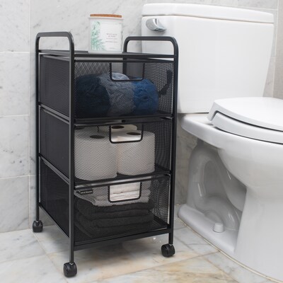 Mind Reader 3 Shelf Steel Mobile Desk and Bathroom Storage Cart with Wheels, Black (3VERTM-BLK)