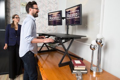 Rocelco 40W 5-20H Adjustable Standing Desk Converter with Dual Monitor Mount, Teak (R DADRT-40-DM