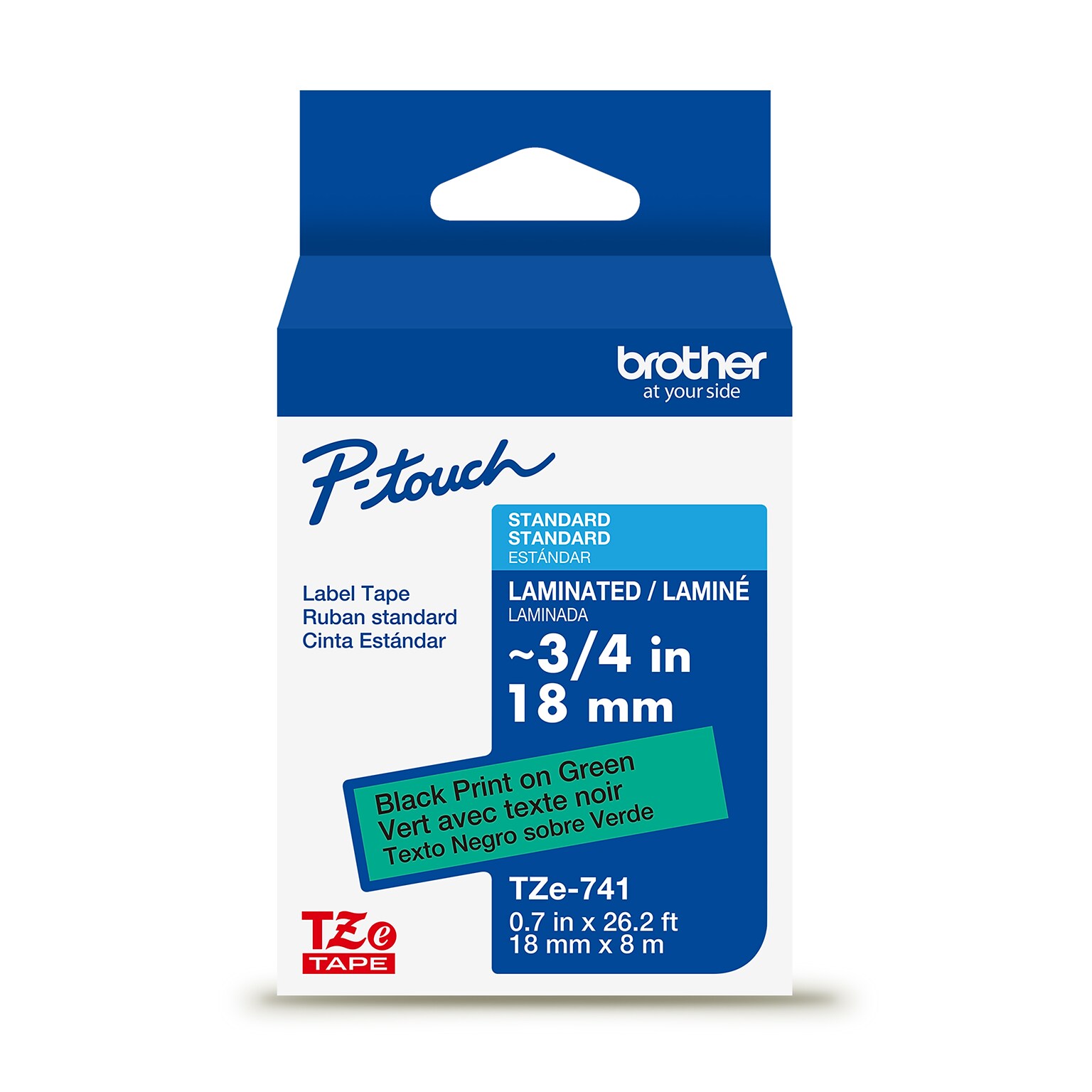 Brother P-touch Laminated Label Tape, ~3/4 x 26.2, Black on Green (TZe741)
