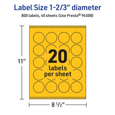 Avery Round Laser/Inkjet Multipurpose Labels, 1-2/3" Dia, Bright Yellow (800/Box)