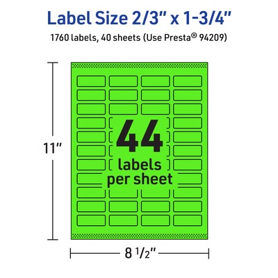 Avery Laser/Inkjet Multipurpose Rectangle Labels, 2/3" x 1-3/4", Neon Green, 1760/Pack (94209)