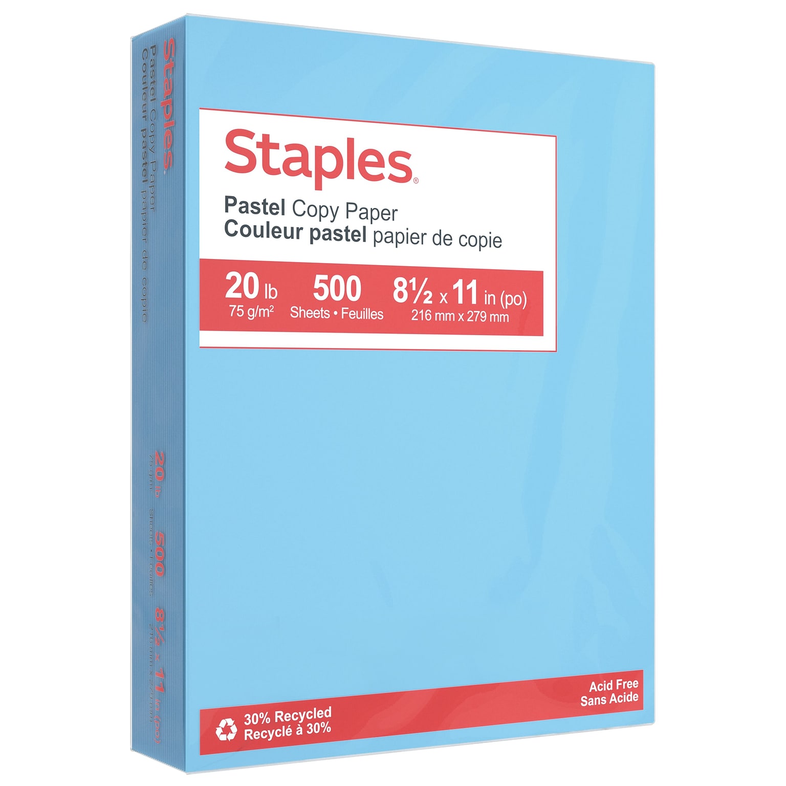 Staples Pastel 30% Recycled Color Copy Paper, 20 lbs., 8.5 x 11, Blue, 500/Ream (14786)