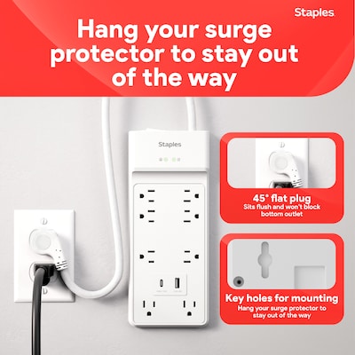 Staples TECH 8-Outlet 2-USB Port Surge Protector, 6', 2100 Joules, White (ST62775)