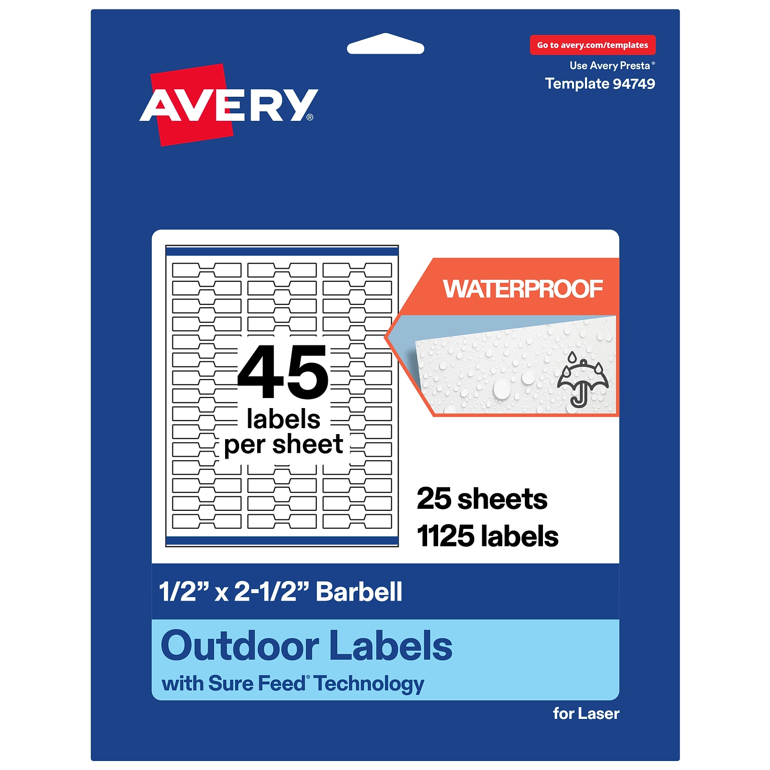 Avery Waterproof Barbell Laser Multipurpose Labels, 0.5 x 2.5, White, 1125/Pack (19479399157)