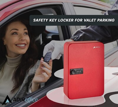 AdirOffice 48-Key Cabinet with Combination Lock and Key Tags, Red (682-48-RED-689-PKG)