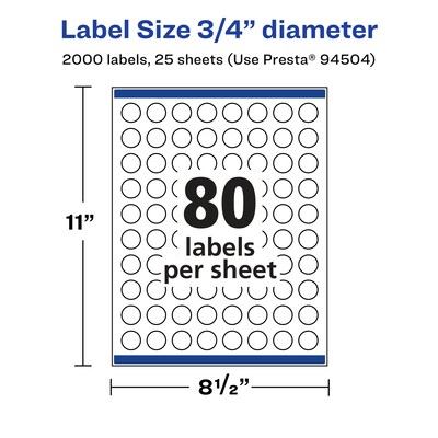 Avery Laser/Inkjet Round Multipurpose Labels, 0.75" Dia., 2,000 Labels/Pack (94504-CGF25)