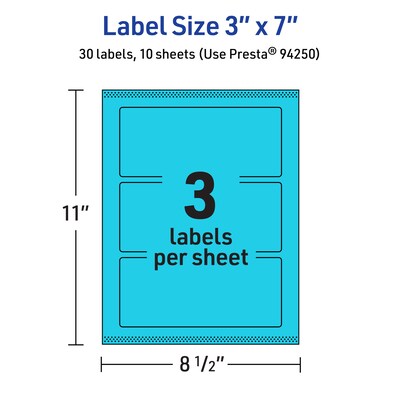 Avery Laser/Inkjet Multipurpose Rectangle Labels, 3" x 7", Bright Blue, 30/Pack (94250)